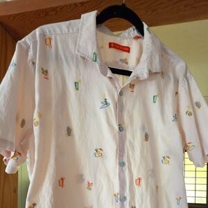 Tori Richard White Shirt with Colorful Retro COCKTAIL Tropical Print L